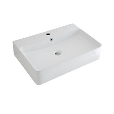 Homestylestore 600 X 420mm White Ceramic Countertop Wall Hung Bathroom Basin Sink And Pebble Overflow Ring from B&Q