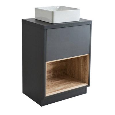 Homestylestore Black Grey 600mm Bathroom Vanity Unit Open Shelf With Square Countertop Basin from B&Q