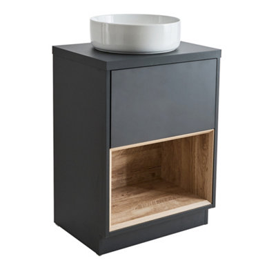 Homestylestore Black Grey 600mm Bathroom Vanity Unit Open Shelf With Round Countertop Basin from B&Q