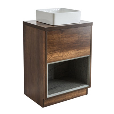Homestylestore Dark Oak 600mm Bathroom Vanity Unit Open Shelf With Square Countertop Basin from B&Q