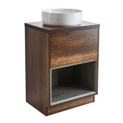 Homestylestore Dark Oak 600mm Bathroom Vanity Unit Open Shelf With Round Countertop Basin from B&Q