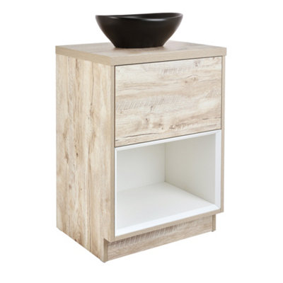 Homestylestore Light Oak 600mm Bathroom Vanity Unit Oval Countertop Graphite Basin Open Shelf from B&Q