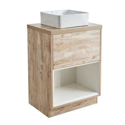 Homestylestore Light Oak 600mm Bathroom Vanity Unit Open Shelf With Square Countertop Basin from B&Q