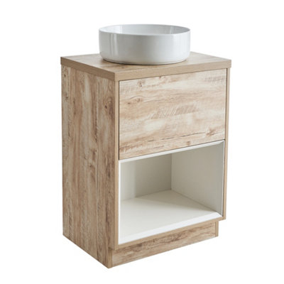Homestylestore Light Oak 600mm Bathroom Vanity Unit Open Shelf With Round Countertop Basin from B&Q