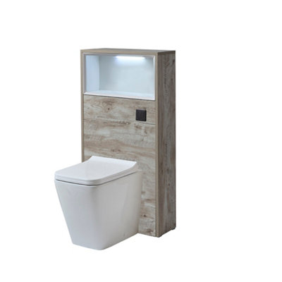 B&Q -  600mm Light Oak Floorstanding Wc Unit Led Lit Shelf Toilet And Black Flush Button