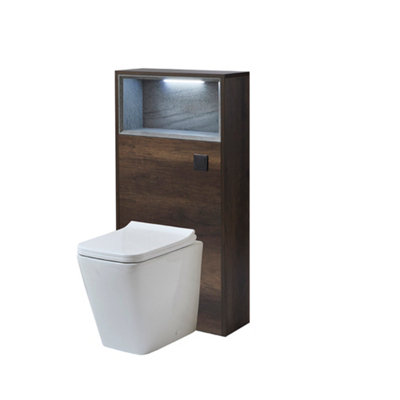 B&Q -  600mm Dark Oak Floorstanding Wc Unit Led Lit Shelf Toilet And Black Flush Button