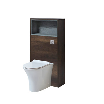 B&Q -  600mm Dark Oak Wc Unit Shelf Back To Wall Toilet Pan With Chrome Flush Button