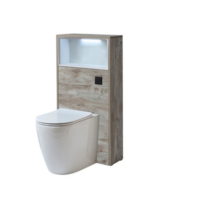 B&Q -  600mm Light Oak Wc Unit Led Lit Shelf Toilet Pan With Black Flush Button