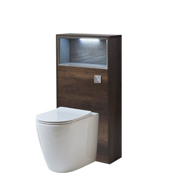 B&Q -  600mm Dark Oak Wc Unit Led Shelf Toilet Pan And Chrome Flush Button