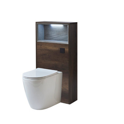 B&Q -  600mm Dark Oak Wc Unit Led Shelf Toilet Pan And Black Flush Button