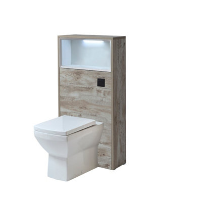 B&Q -  600mm Light Oak Wc Unit Led Shelf Toilet Pan And Black Flush Button