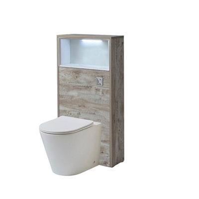 B&Q -  600mm Light Oak Floorstanding Bathroom Wc Unit Led Lit Shelf Chalk Toilet And Chrome Flush Button