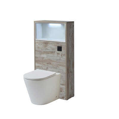 B&Q -  600mm Light Oak Floorstanding Bathroom Wc Unit Led Lit Shelf Chalk Toilet And Black Flush Button