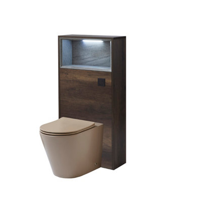 B&Q -  600mm Dark Oak Floorstanding Bathroom Wc Unit Led Lit Shelf Sand Toilet And Black Flush Button