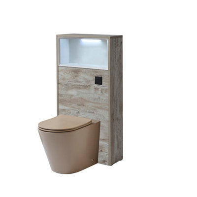 B&Q -  600mm Light Oak Floorstanding Bathroom Wc Unit Led Lit Shelf Sand Toilet And Black Flush Button