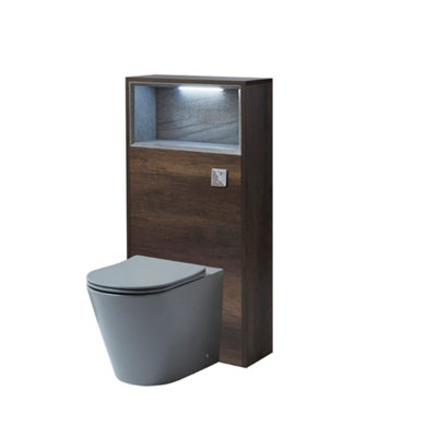 B&Q -  600mm Dark Oak Floorstanding Bathroom Wc Unit Led Lit Shelf Pebble Toilet And Chrome Flush Button