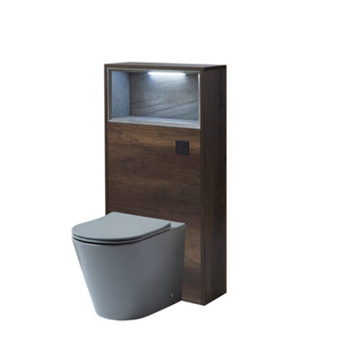 B&Q -  600mm Dark Oak Floorstanding Bathroom Wc Unit Led Lit Shelf Pebble Toilet And Black Flush Button
