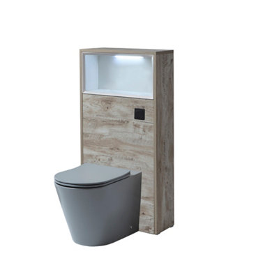 B&Q -  600mm Light Oak Floorstanding Bathroom Wc Unit Led Lit Shelf Pebble Toilet And Black Flush Button