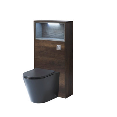 B&Q -  600mm Dark Oak Floorstanding Bathroom Wc Unit Led Lit Shelf Graphite Toilet And Chrome Flush Button