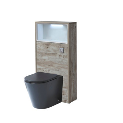 B&Q -  600mm Light Oak Floorstanding Bathroom Wc Unit Led Lit Shelf Graphite Toilet And Chrome Flush Button