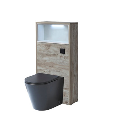 B&Q -  600mm Light Oak Floorstanding Bathroom Wc Unit Led Lit Shelf Graphite Toilet And Black Flush Button
