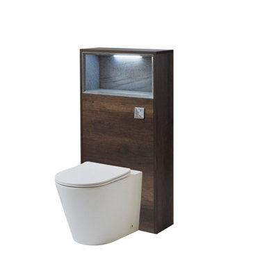 B&Q -  600mm Dark Oak Floorstanding Bathroom Wc Unit Led Lit Shelf Chalk Toilet And Chrome Flush Button