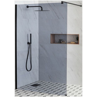 Homestylestore Black Frameless Reversible Wet Room Shower Enclosure Smoked Glass ScreenProfile And Support Arm 1400mm from B&Q