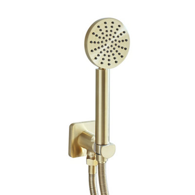 Homestylestore Brushed Brass Round Hand Shower Handset Wall Bracket Outlet Elbow from B&Q