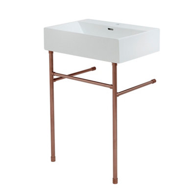 Homestylestore White Ceramic Bathroom Basin Sink With One Tap Hole And Brushed Copper Washstand 605 X 430mm from B&Q