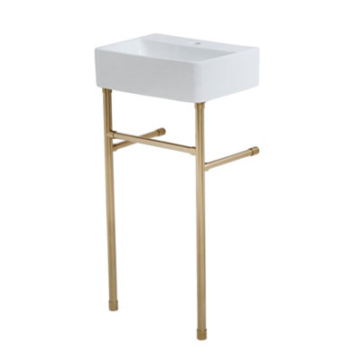 B&Q -  White Ceramic Bathroom Basin Sink With One Tap Hole And Brushed Brass Washstand 400 X 295mm