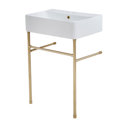 Homestylestore White Ceramic Bathroom Basin Sink With One Tap Hole And Brushed Brass Washstand 600 X 420mm from B&Q
