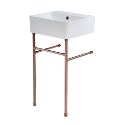 Homestylestore White Ceramic Bathroom Basin Sink With One Tap Hole And Brushed Copper Washstand 460 X 420mm from B&Q