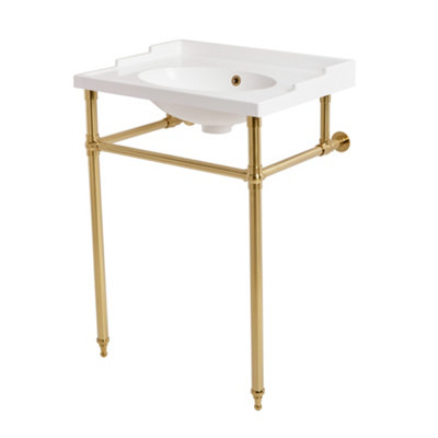 B&Q -  630 X 470mm White Bathroom Basin Sink And Brushed Brass Washstand