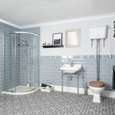 B&Q -  White Reversible Quadrant Shower EnclosureHigh Level Cistern Toilet And 1 Tap Hole Bathroom Basin With Washstand