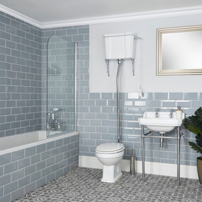 B&Q -  White Single Ended BathCeramic Toilet Pan With High Level Cistern And 3 Tap Hole Bathroom Basin And Washstand