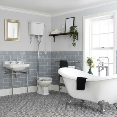 B&Q -  White Double Ended Freestanding Slipper BathHigh Level Cistern Toilet And 3 Tap Hole Bathroom Basin And Washstand