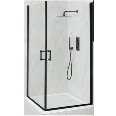 Homestylestore Black Corner Walk In Wet Room Double Hinged Door Shower Enclosure With White Tray And Fast Flow Waste 700 X 700mm