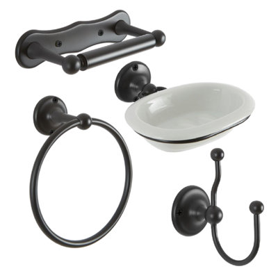 Homestylestore Black 4 Piece Bathroom Accessory Set With Towel RingDouble Robe HookSoap Dish And Toilet Roll Holders from B&Q