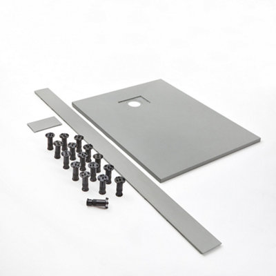 B&Q -  900 X 900mm Light Grey Textured Slate Effect Square Shower Tray With Fast Flow Waste And Recessed Riser Kit