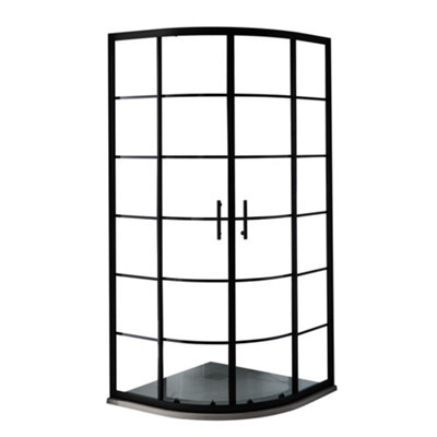 B&Q -  900 X 900mm Black Grid Quadrant Shower Enclosure And Light Grey Slate Effect Tray