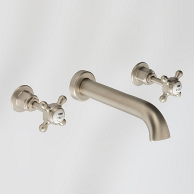 Homestylestore Brushed Nickel Wall Mounted 3 Tap Hole Basin Mixer Tap With Crosshead Handles from B&Q