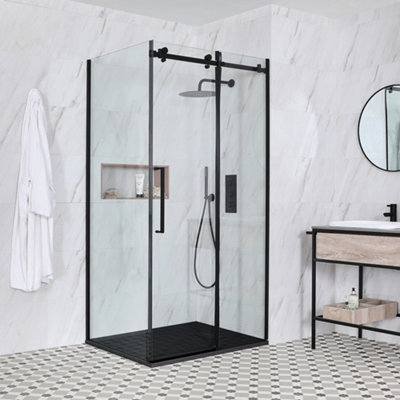 Homestylestore Black Reversible Corner Frameless Sliding Door Shower Enclosure With Graphite Slate Effect Tray 1400 X 900mm from B&Q