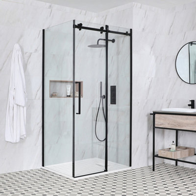 Homestylestore Black Reversible Corner Frameless Sliding Door Shower Enclosure With White Slate Effect Tray 1400 X 900mm from B&Q