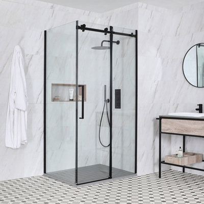 Homestylestore Black Reversible Corner Frameless Sliding Door Shower Enclosure With Light Grey Slate Effect Tray 1500 X 900mm from B&Q