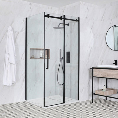 Homestylestore Black Reversible Corner Frameless Sliding Door Shower Enclosure With Marble Effect Tray 1200 X 900mm from B&Q