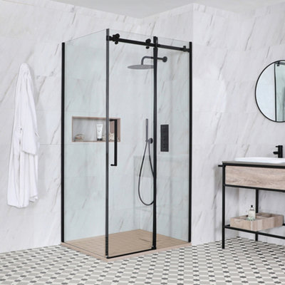 Homestylestore Black Reversible Corner Frameless Sliding Door Shower Enclosure With Sand Effect Tray 1500 X 800mm from B&Q