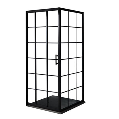 B&Q -  Black Grid Sliding Door Corner Shower Enclosure And Graphite Slate Effect Tray 900 X 900mm