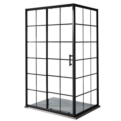 B&Q -  Black Grid Sliding Door Corner Shower Enclosure And Light Grey Slate Effect Tray 1500 X 900mm