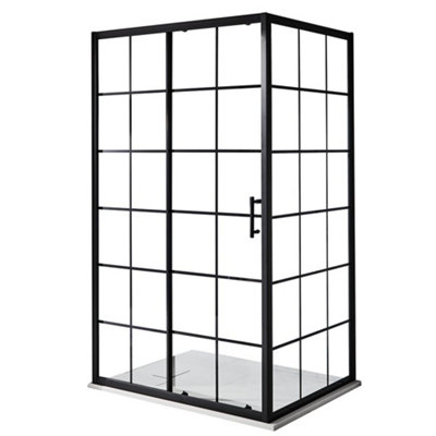 B&Q -  Black Grid Sliding Door Corner Shower Enclosure And White Slate Effect Tray 1500 X 900mm