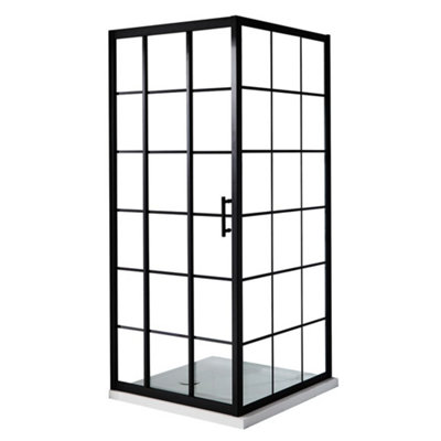 Homestylestore Black Grid Sliding Door Corner Shower Enclosure And White Tray 900 X 900mm from B&Q